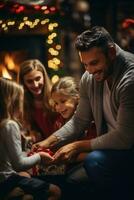 Family gathered around a fireplace, opening presents photo