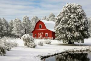 A snowy landscape with a red barn and a decorated evergreen tree photo