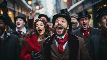 A group of carolers dressed in Victorian attire singing on a snowy street. photo