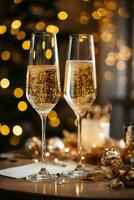 Sparkling champagne glasses in a festive New Year's Eve setup photo
