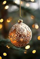 A close-up of a Christmas tree ornament with a blurred background of bokeh lights and large copy space. photo