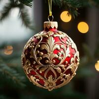 Close-up of a red and gold Christmas ornament on a tree photo