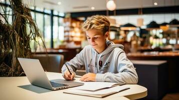 Boy studying with a laptop and notebook photo