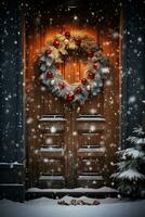 A festive wreath hanging on a wooden door, surrounded by falling snowflakes photo