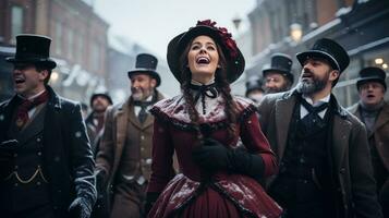 un grupo de villancicos vestido en victoriano atuendo canto en un Nevado calle. foto