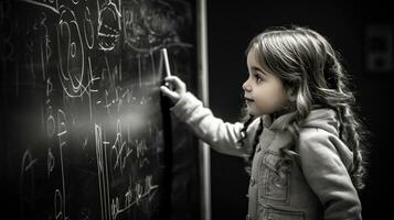 pequeño niña escritura en un pizarra foto