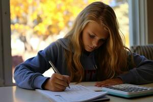 Girl doing math homework photo