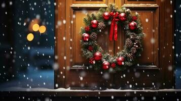 A festive wreath hanging on a wooden door, surrounded by falling snowflakes photo