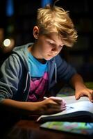 Boy reading a textbook with a highlighter photo