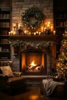 Cozy living room with a decorated tree and wrapped gifts photo