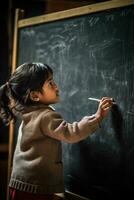 pequeño niña escritura en un pizarra foto