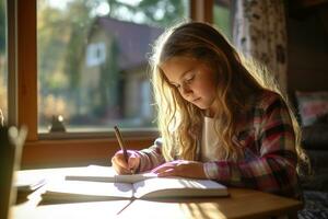 Girl doing math homework photo