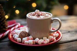 A close-up of a mug of hot cocoa with marshmallows and a candy cane photo