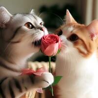 Whiskered Romance, A Feline Proposal Amidst Roses. AI Generated photo