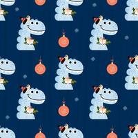 Seamless pattern. Cute dragon with gift on blue background with Christmas ball toy. Vector illustration for new year design, wallpaper, packaging, textile. kids collection.