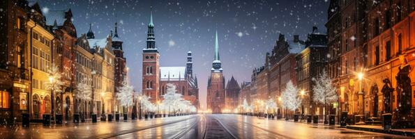 Polish cities bathed in resplendent lights exude mesmerizing Christmas magic under snowy skies photo