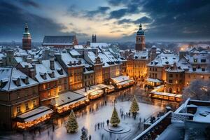 polaco ciudades bañado en resplandeciente luces exudar fascinante Navidad magia debajo Nevado cielo foto
