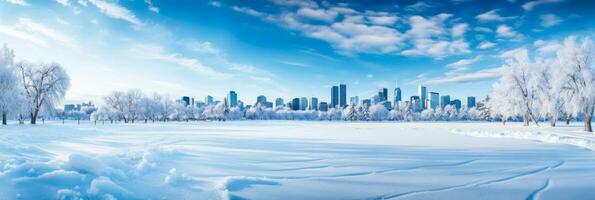 Panoramic snowy park scenes in Canadian cities at Christmas background with empty space for text photo