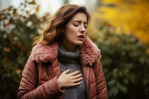 Coughing Caucasian woman in autumn young age photo