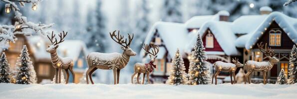 Reindeer themed decorations in Finnish Lapland towns background with empty space for text photo