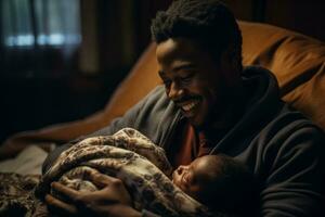 African father cherishing moment with newborn baby in their home photo