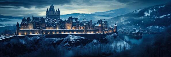 Historic German castles illuminated for Christmas background with empty space for text photo