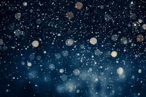 Winter snowfall overlays dark background with defocused white circles texture photo