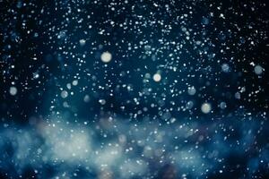 Winter snowfall overlays dark background with defocused white circles texture photo