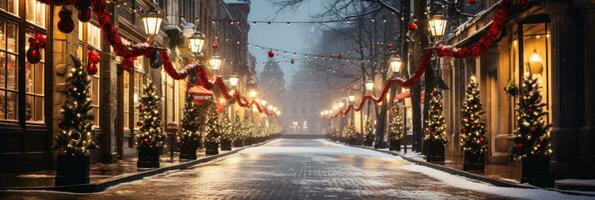 Decorated American town storefronts at Christmas background with empty space for text photo