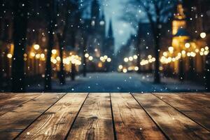 Polish cities magical Christmas lights on snowy night background with empty space for text photo