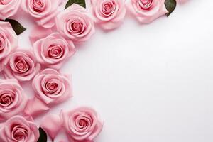 Blooming pink roses and petals on white background create romantic decor photo