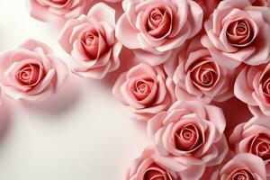 Blooming pink roses and petals on white background create romantic decor photo