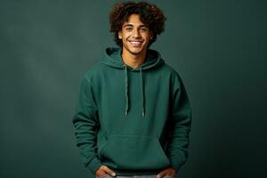 Young Hindu student in green hoodie and jeans stands happily photo