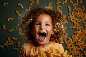 Hungry child relishing pasta delight as Macaroni Munch photo