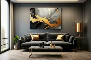 Luxurious black abstract painting with marbled ink and gold swirls photo