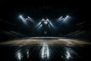 grandioso baloncesto arena exhibido en el destacar envuelto en oscuridad foto