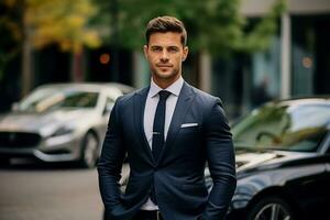 Handsome man in suit stands near car smiling at camera photo