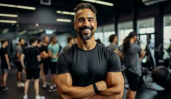 sonriente hombre soportes con brazos cruzado en aptitud estudio foto