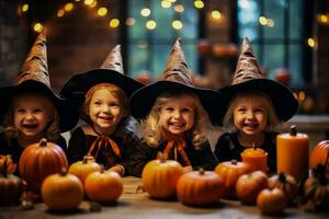 Happy kids at a Halloween pumpkin party showing witchy faces photo