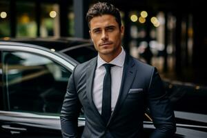 Handsome man in suit stands near car smiling at camera photo