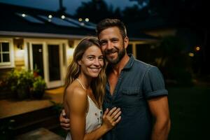 Happy Caucasian couple posing in front of house with solar panels photo