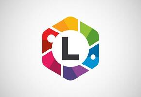 English alphabet L with camera shutter. Photo camera icon. Photography logo design vector template