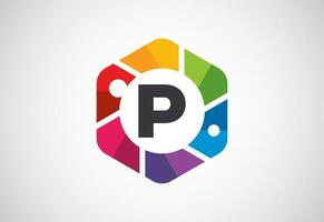 English alphabet P with camera shutter. Photo camera icon. Photography logo design vector template