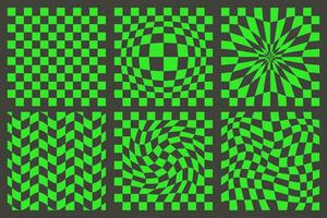 Checkerboard pattern. Black and green psychedelic wavy backgrounds set. Abstract grid warp texture. Y2k chessboard rave geometric design. Vector illustration.