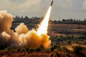 Close ups of rocket launchers firing during Israeli military operations photo