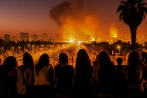 Crowds reacting to sudden rocket alerts in public spaces in Israel photo