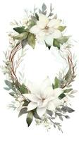 Elegant winter wreath with white flowers and a watercolor frame photo