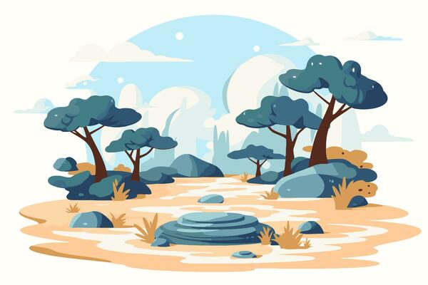 Landscape with trees and rocks in flat style. Vector illustration.
