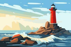 Lighthouse on a rocky coast. Vector illustration in flat style.