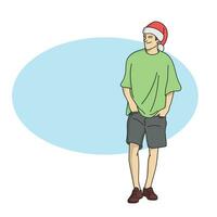 full length of man with tshirt and christmas hat standing illustration vector hand drawn isolated on blue circle background